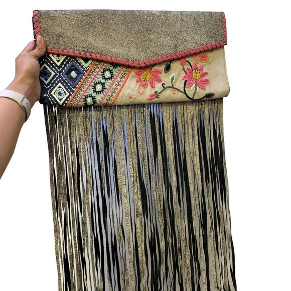 Double D Ranch Handbags - *Double D Ranch Tan & Pink Fringe Clutch Large